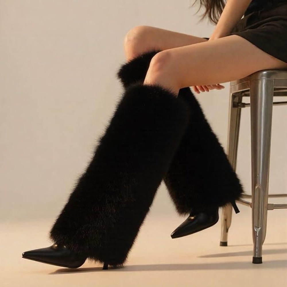 Stylish Black Furry Knee-High Boots